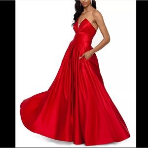Red Satin Formal Strapless Ball Gown 8 Betsy & Adam with Pockets